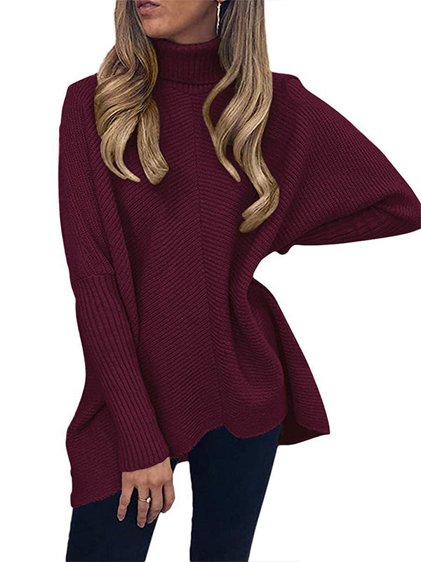 High Neck Asymmetrical Bat Sleeve Knit Sweater