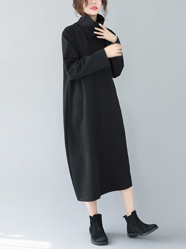 High-Neck Solid Simple Midi Dress