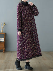 Patchwork Collar Floral Lace-Up Long Midi Dress