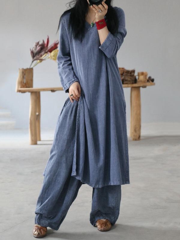 Vintage Solid V-Neck Split-Side Button Dress