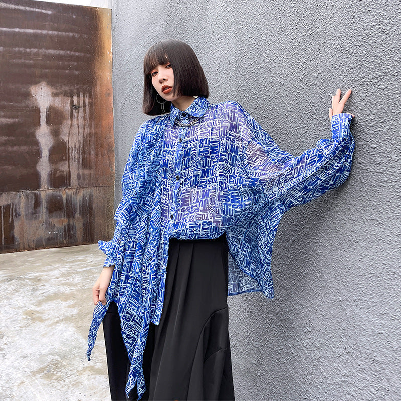 Lapel Look-Through Bat Sleeve Blouses Shirts Top