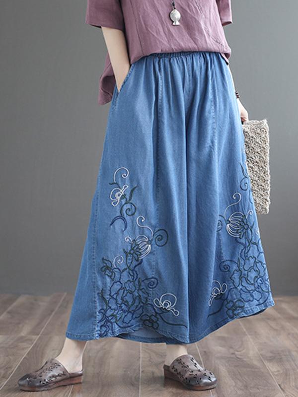 Artistic Retro Applique Wide Leg Jean Pants Bottoms