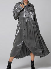 Long Sleeves Roomy Asymmetric Pleated Pure Color Split-Joint Lapel Midi Dresses Shirt Dress