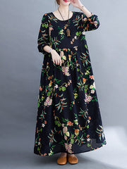 Round Neck Long Sleeve Floral Printed Retro Maxi Dress