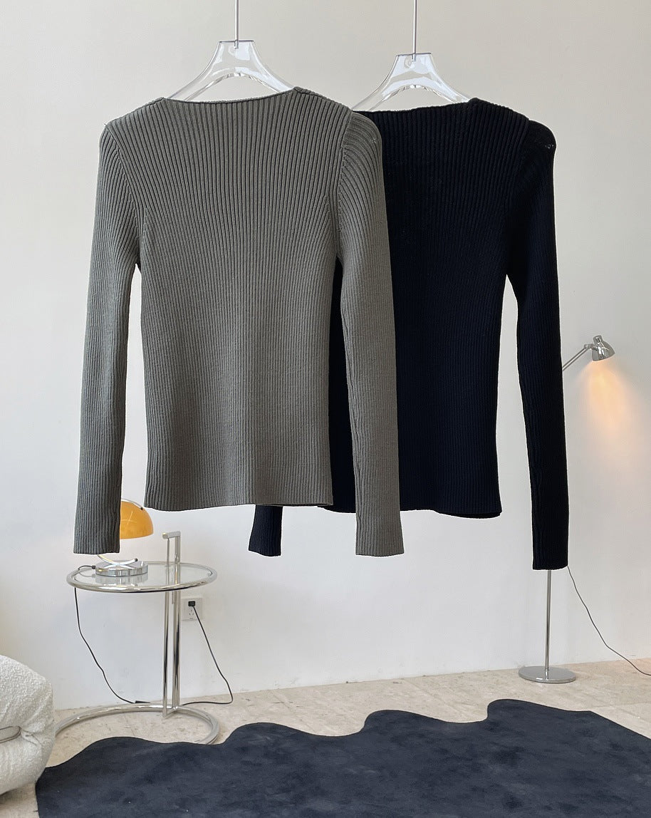 Cross Lacing V-Neck Knitted Long Sleeves T-Shirt