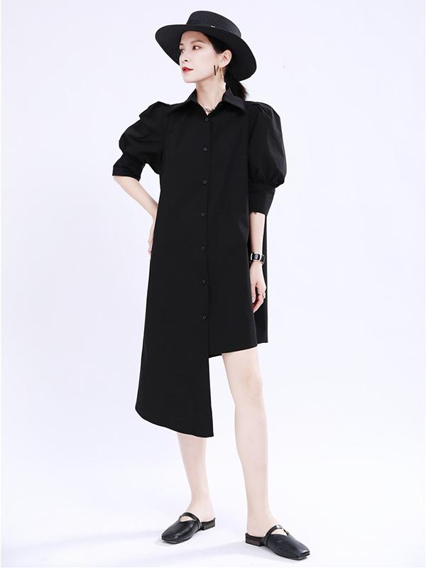 Simple Irregular Solid Pleated Midi Dress