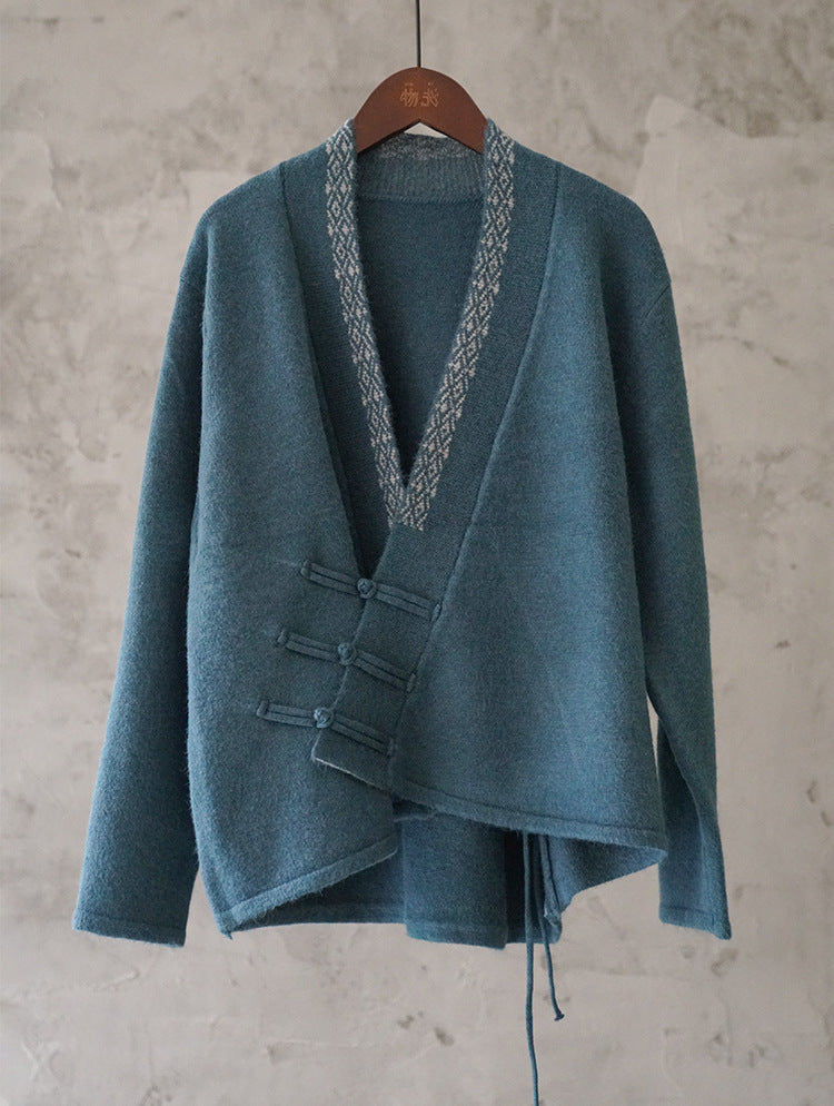 Vintage Neckline Embroidered Knit Cardigan Sweater