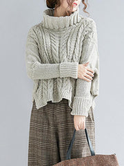 Cable- Knit High-neck Solid Loose Sweater