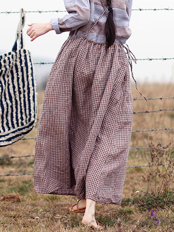 Retro Linen Plaid Braces Skirt