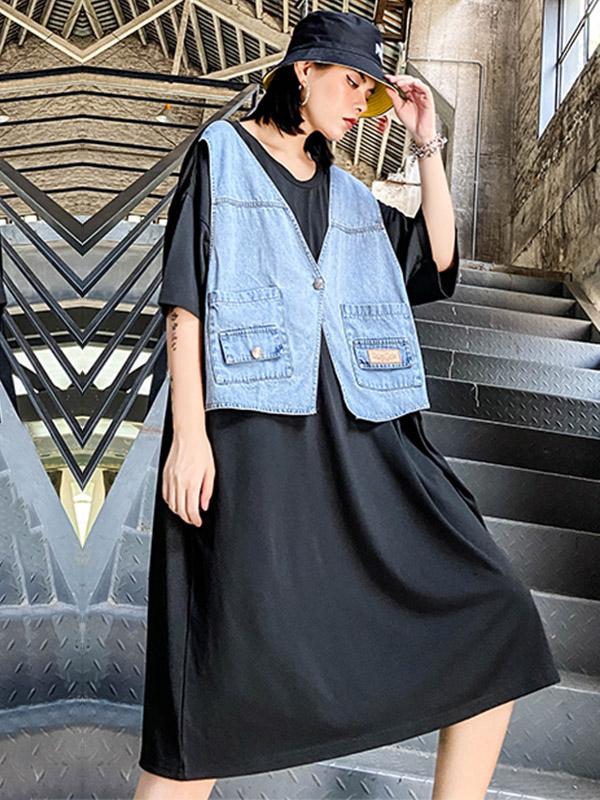 False Two Split-Joint Denim Dress