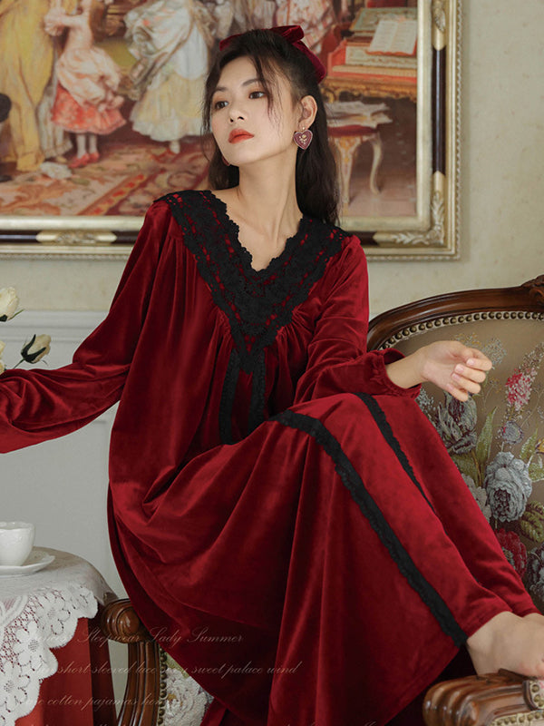 Casual Loose Solid Color Lace V-Neck Midi Pajamas Dress