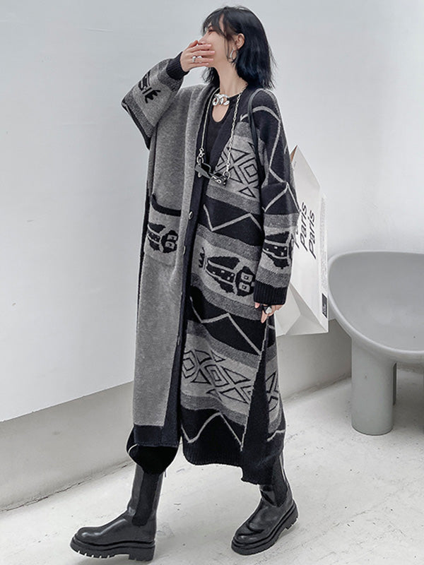 Urban Roomy Knitting Asymmetric Jacquard Cardigan Coat