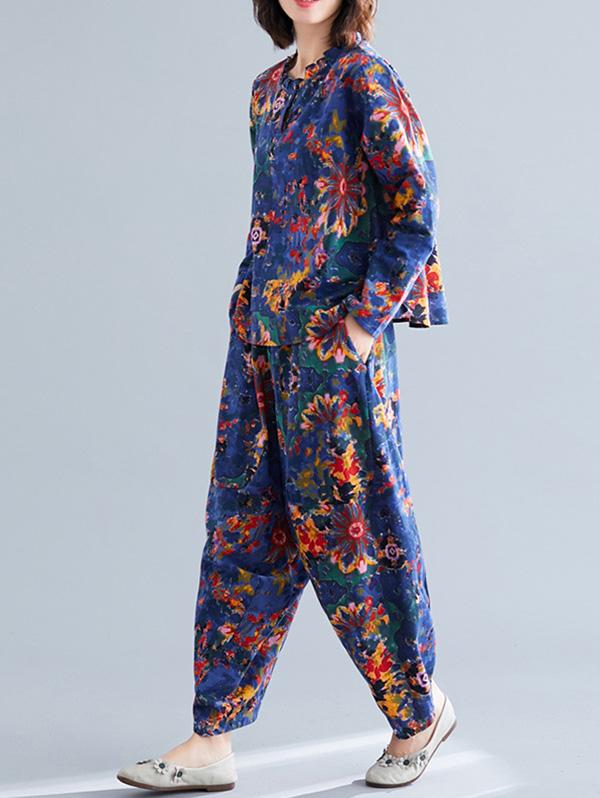 Loose Retro Floral Printed Blouses and Pants Suits