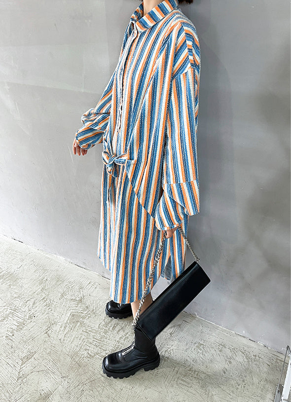 Loose Striped Belted Irregular Shirt Dress