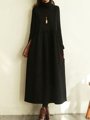 Long Sleeves Solide High Neck Maxi Dress