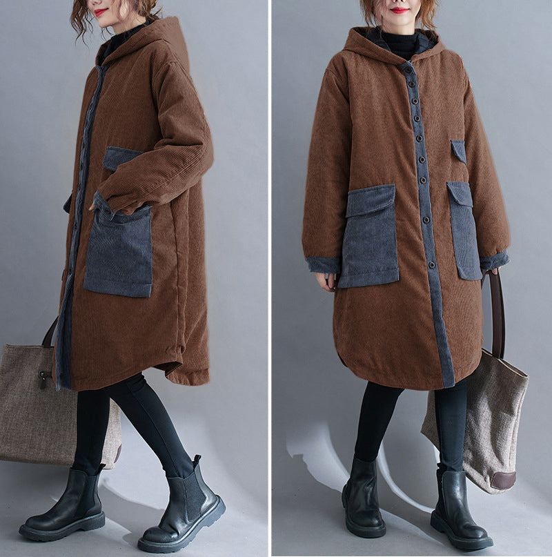 Loose Corduroy Large Pockets Thick Hooded Mid-Length Cotton Coat