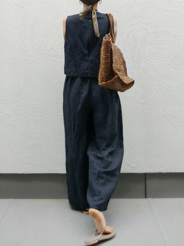 Solid Color Sleeveless Shirt Reveals Skinny Wide Leg Pants Suit
