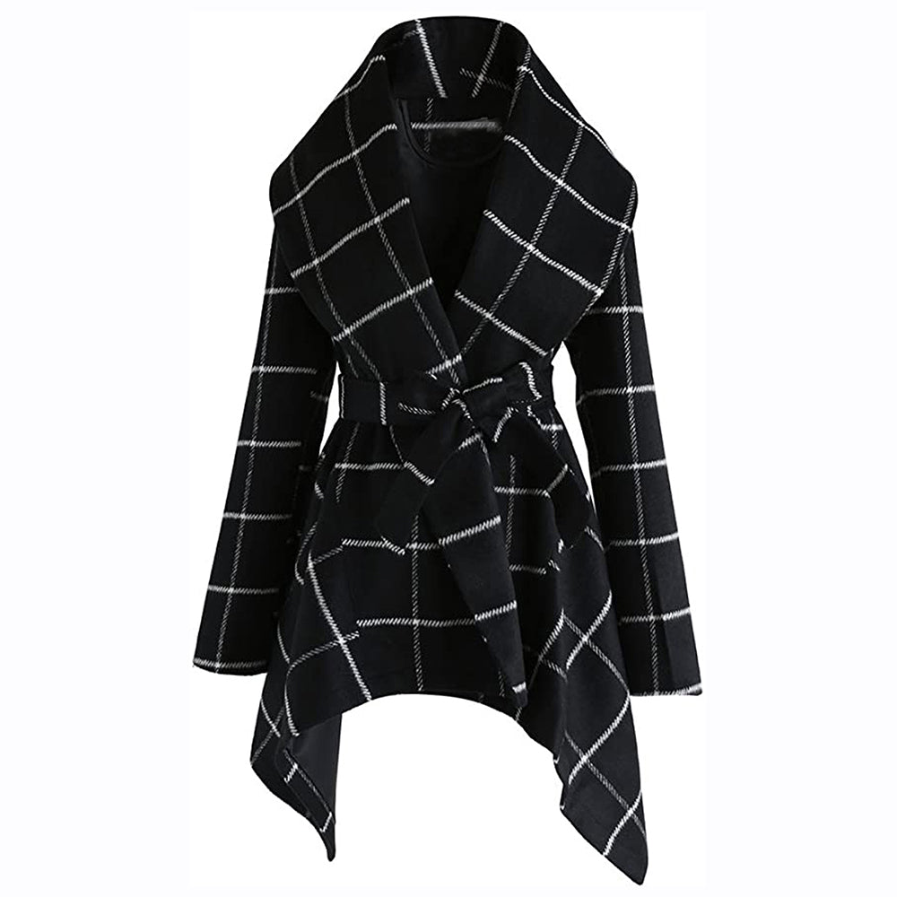 Lace-Up Check Color-Block Woolen Coat