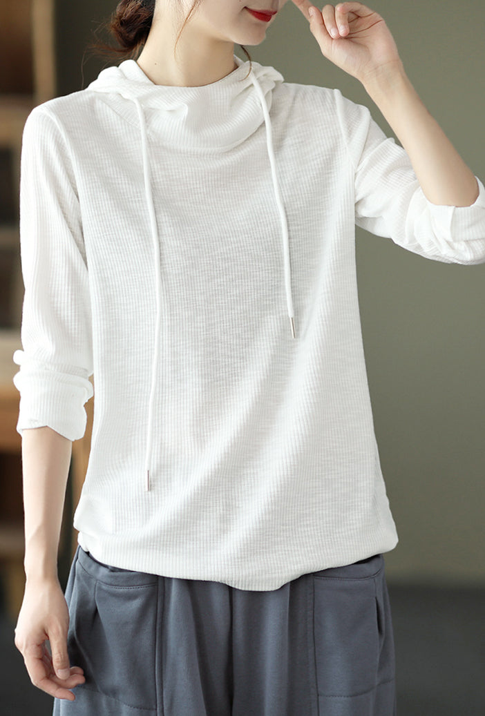 Solid Color Pit Striped Hooded Loose T-Shirt