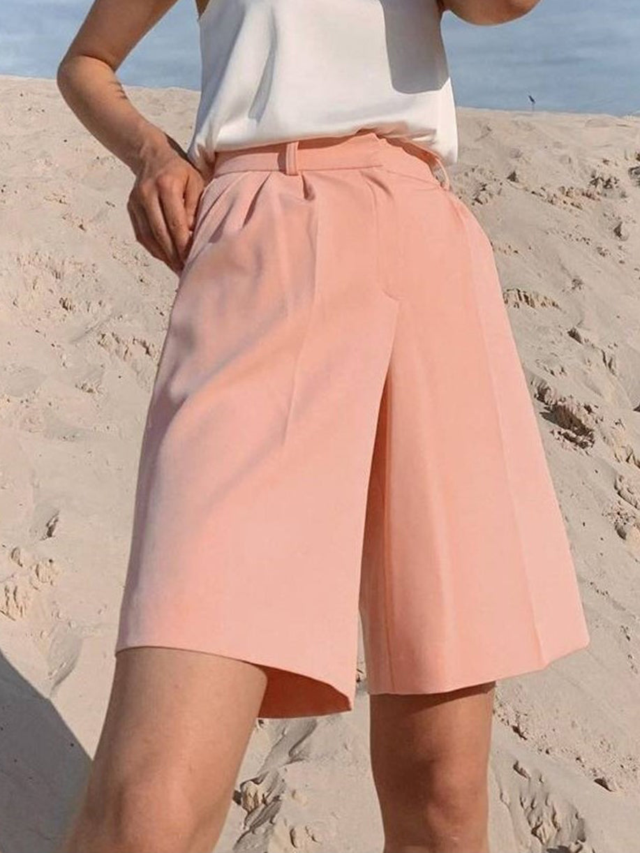 Women Pocket Zipper Button Solid Color Casual Shorts