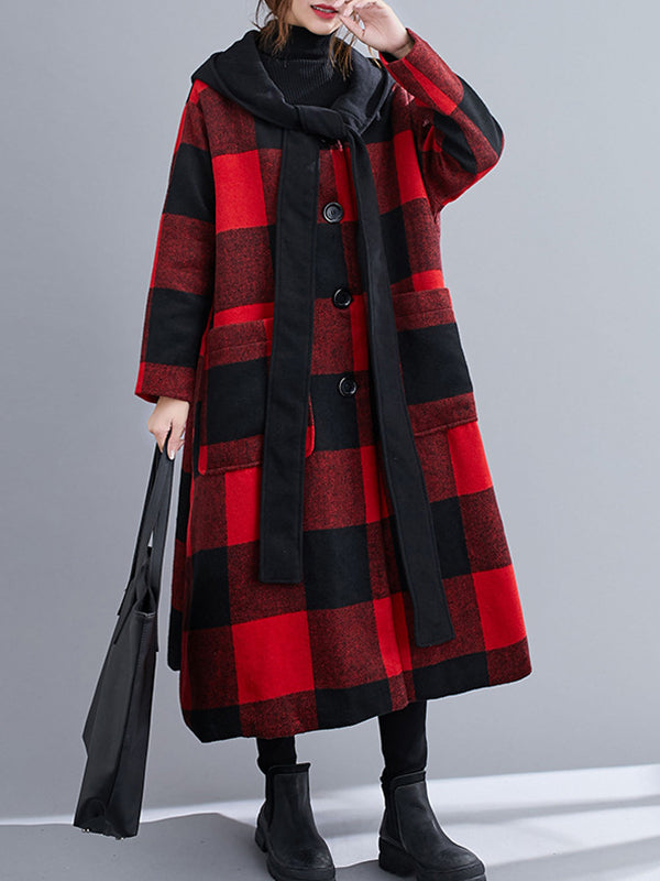 Hooded Thick Woolen Plaid Loose Long Coat