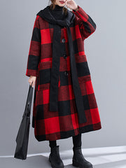 Hooded Thick Woolen Plaid Loose Long Coat