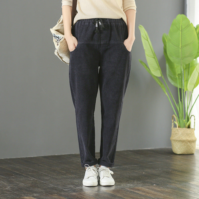 Loose Solid Color Drawstring Corduroy Pants
