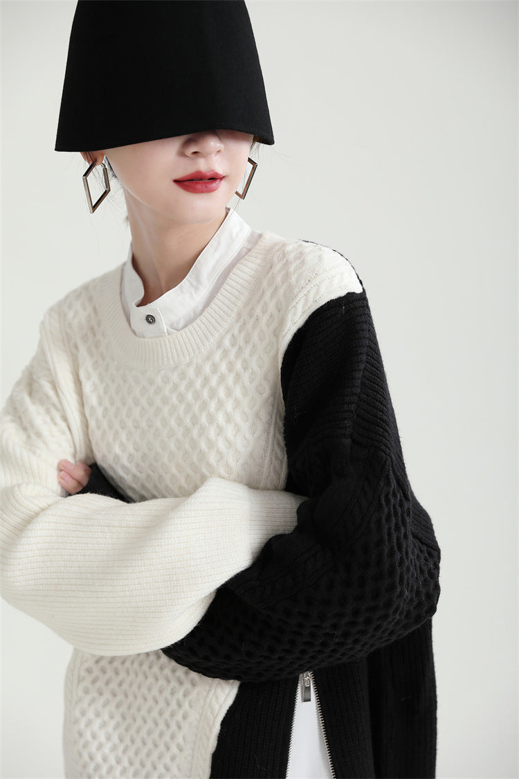 Simple Loose Color-Block Zipper Knitted Sweater