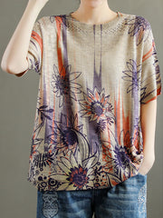 Printed Simple Knitted Loose Hollow T-Shirt