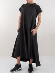 Loose Comfy Solid Color Stand Collar Midi Dress