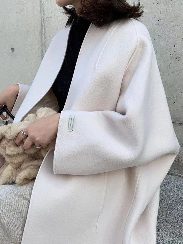 Long Sleeves Loose Solid Color Collarless Woolen Coat