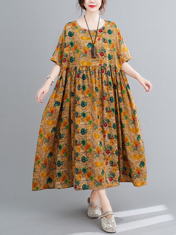 Artistic Retro Floral Round-Neck Dress