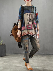 Retro Picture Printed Light Sweater