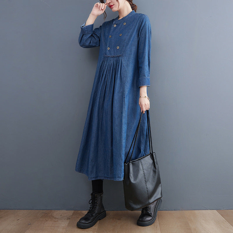 Retro Denim A-Line Stand Collar Midi Dress