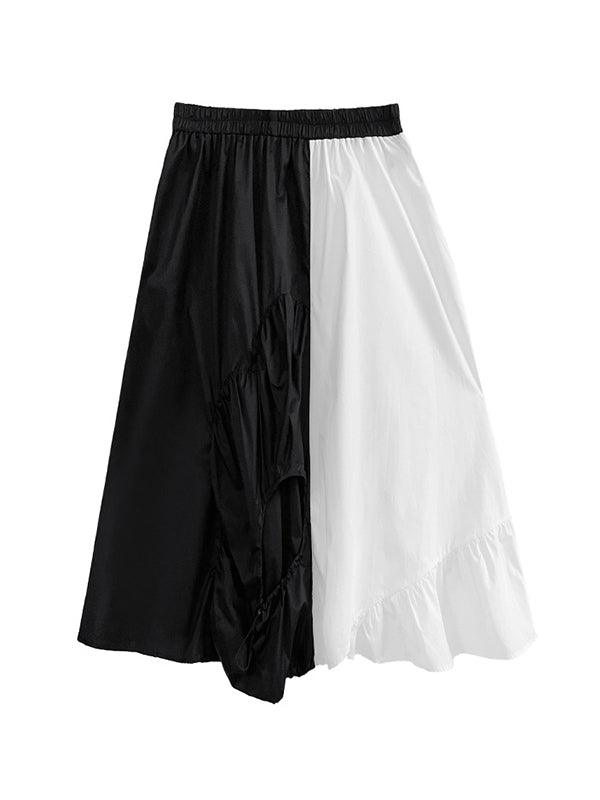 Minimalist Elasticity High Waisted Black White Split-Joint Skirt