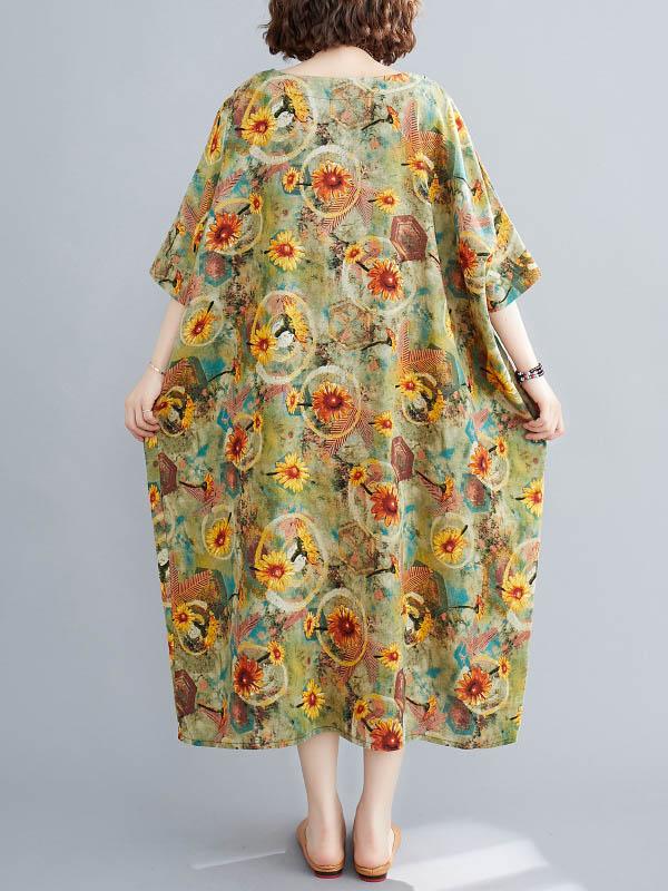 Artistic Retro Floral Round-Neck Dress