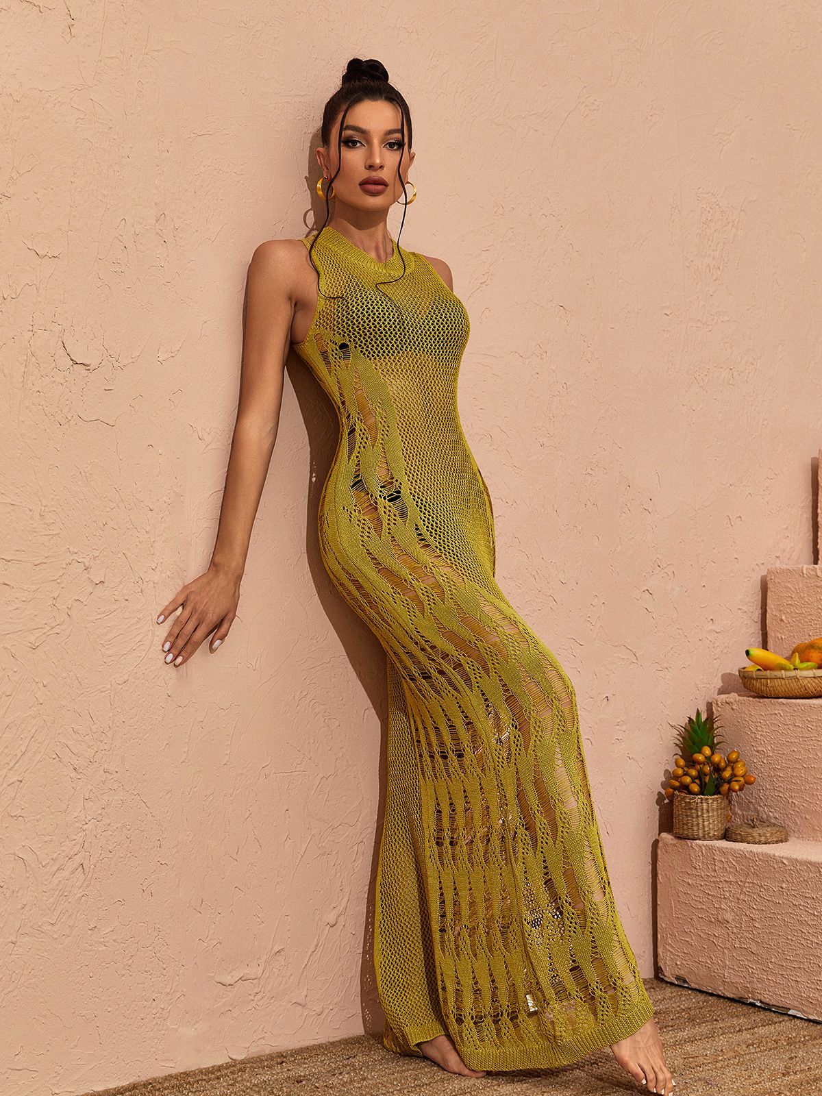 Julieta Hollow Knitted Maxi Dress In Green