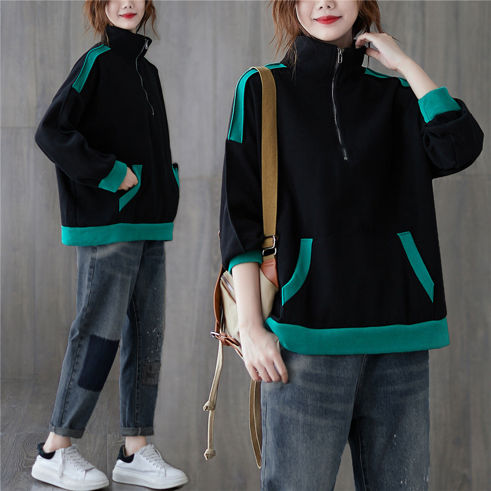 Women Casual Loose Contrast Stitching Sweatshirt