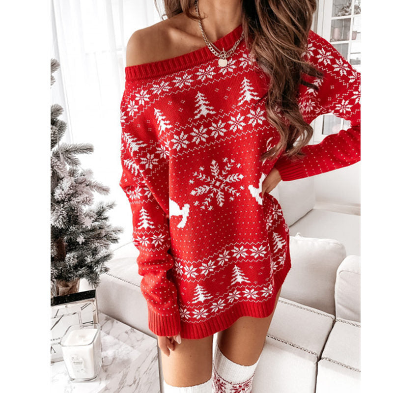 Christmas Jacquard Loose Knitted Long Sleeve Mini Dress