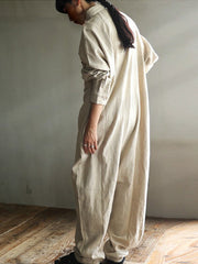 Casual Ramie Cotton Solid Color Split-Joint With Pocket Lapel Collar Long Sleeves Wide Leg Jumpsuits
