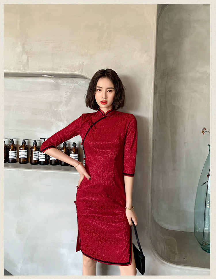 Slouchy Vintage Lace Red Low-Cut Cheongsam Midi Dress