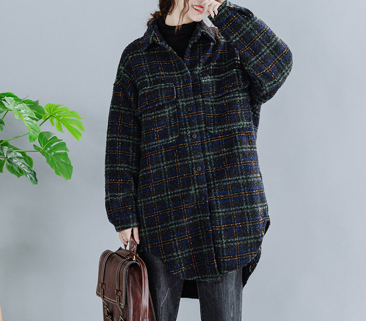 Large Size Loose Mid-Length Plaid Thick Woolen Coat