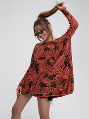 Stylish Letter Stamped Batwing Sleeves Round-Neck Pullover