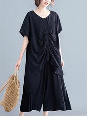 Two-Pieces Solid Pleated Cropped T-Shirt And Wide Leg Pants Suits