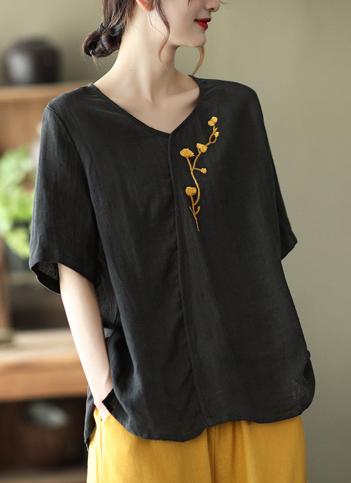 Vintage Embroidered Printed Round Neck Loose Pullover T-Shirt