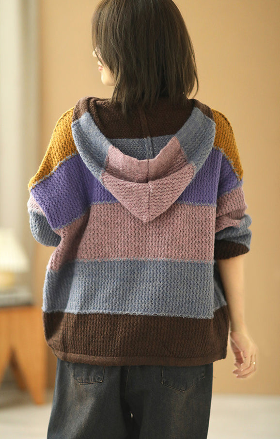 Casual Color Striped Hooded Knit Sweater