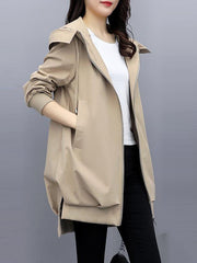 Casual Loose 4 Colors Pleated Zipper Hooded Long Sleeves Outwear