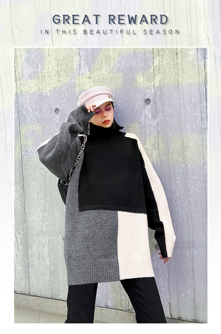 Urban Color-Block Splicing Knitted High-Neck Sweater