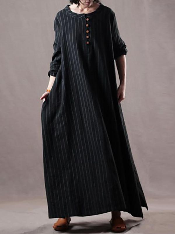 Plus Size Loose Black Striped Long Dress