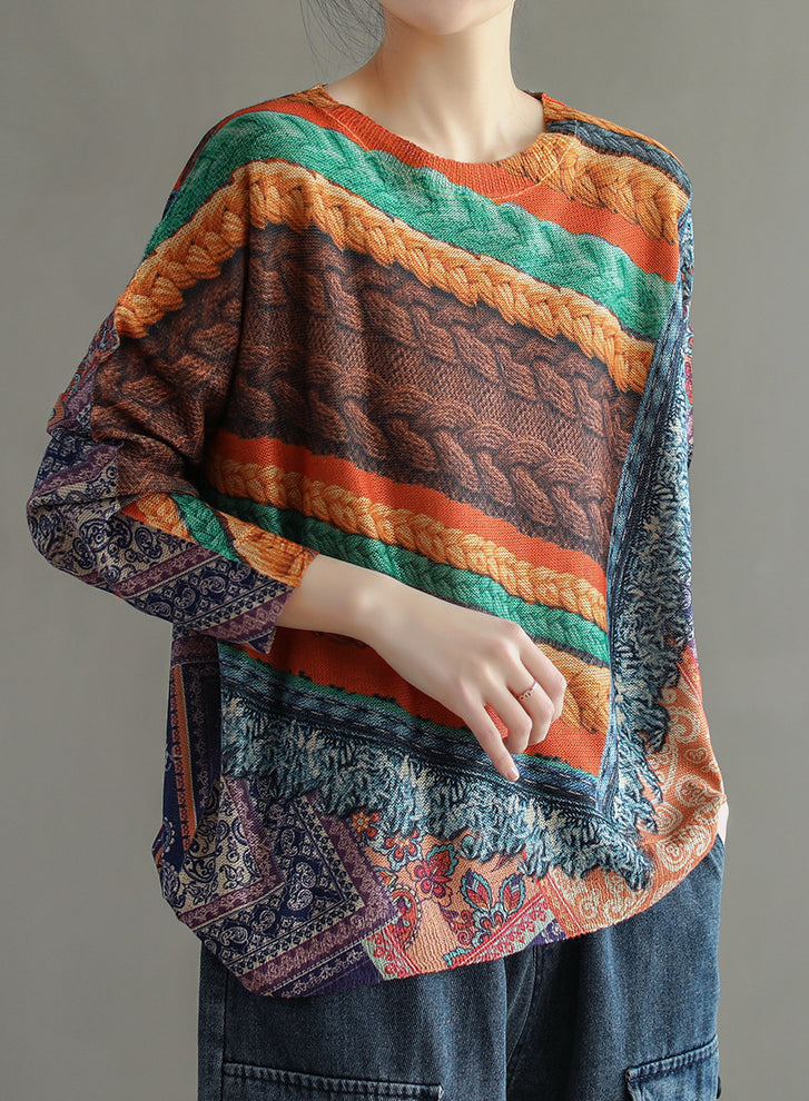 Printed Round Neck Sweater Retro Loose Sweater